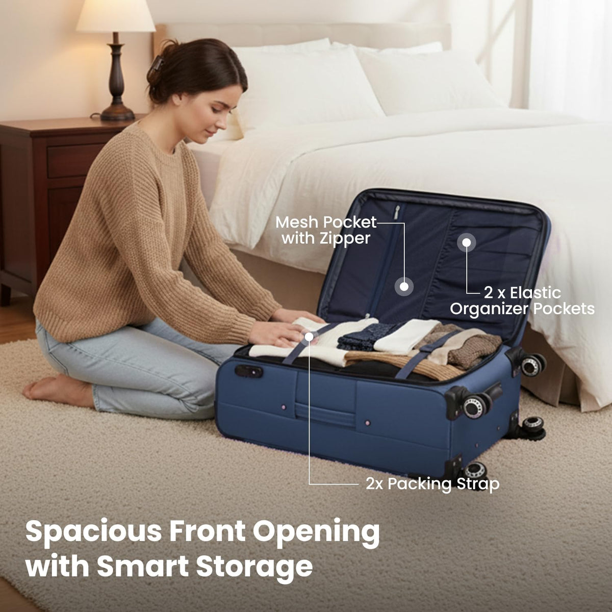 20'' Carry on Luggage,Softside Suitcase w/Combination LOCK,Expandable 15% Luggage w/Double Spinner Wheels,Lightweight Rolling Suitcases for Men/Women（Blue,20in）