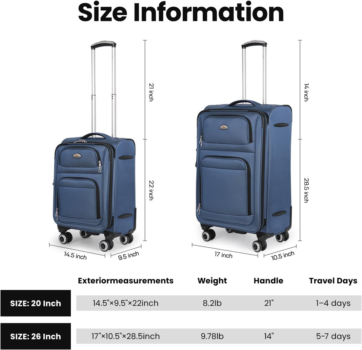 20'' Carry on Luggage,Softside Suitcase w/Combination LOCK,Expandable 15% Luggage w/Double Spinner Wheels,Lightweight Rolling Suitcases for Men/Women（Blue,20in）