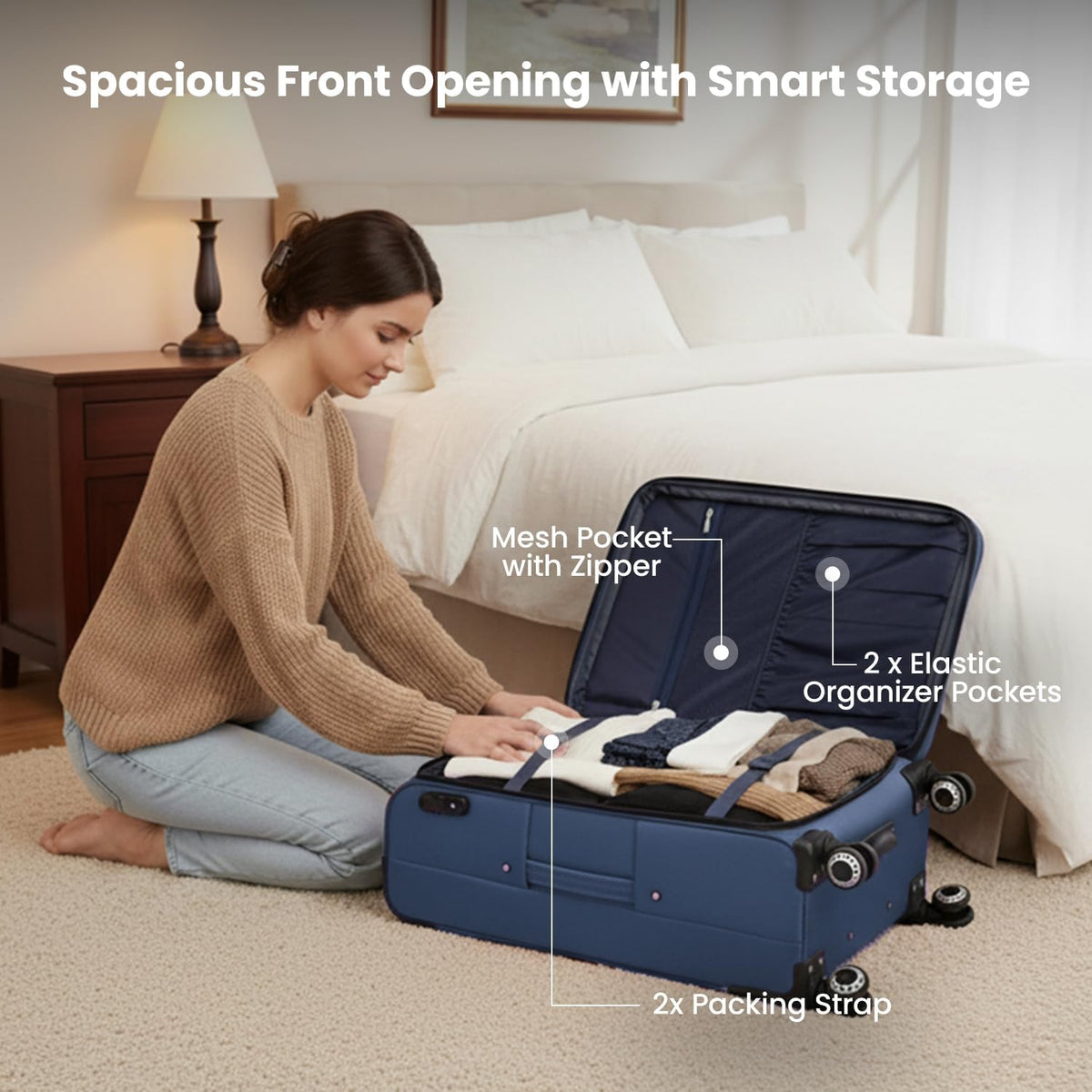 20'' Carry on Luggage,Softside Suitcase w/Combination LOCK,Expandable 15% Luggage w/Double Spinner Wheels,Lightweight Rolling Suitcases for Men/Women（Blue,20in）