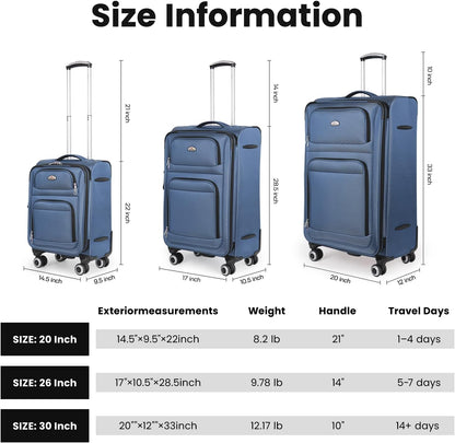 20'' Carry on Luggage,Softside Suitcase w/Combination LOCK,Expandable 15% Luggage w/Double Spinner Wheels,Lightweight Rolling Suitcases for Men/Women（Blue,20in）