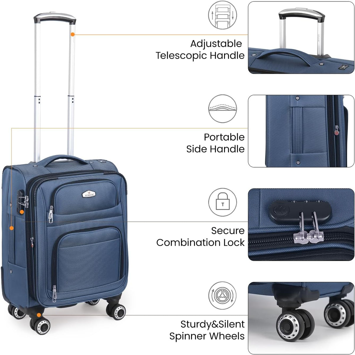 20'' Carry on Luggage,Softside Suitcase w/Combination LOCK,Expandable 15% Luggage w/Double Spinner Wheels,Lightweight Rolling Suitcases for Men/Women（Blue,20in）