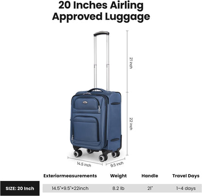 20'' Carry on Luggage,Softside Suitcase w/Combination LOCK,Expandable 15% Luggage w/Double Spinner Wheels,Lightweight Rolling Suitcases for Men/Women（Blue,20in）