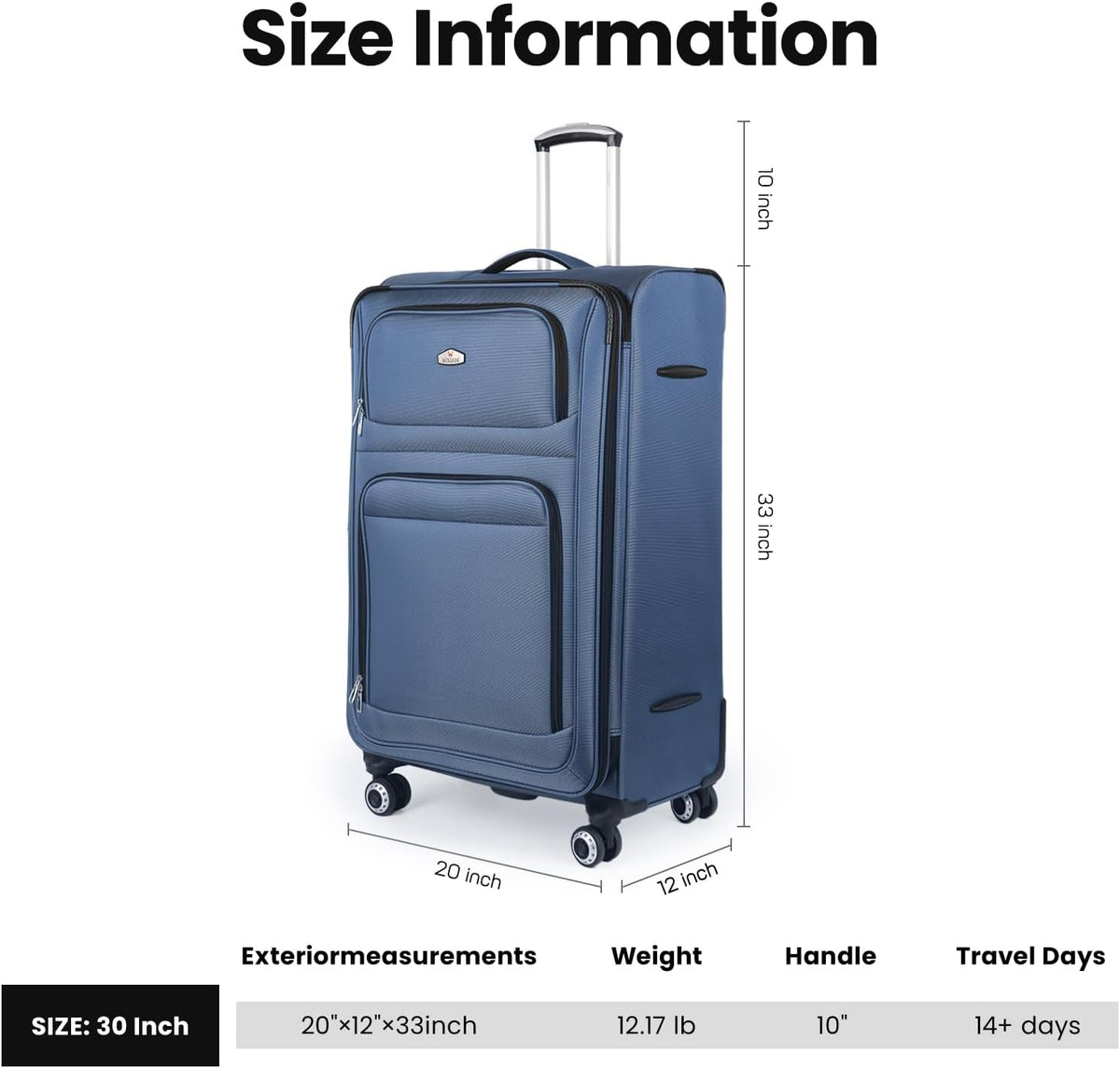 20'' Carry on Luggage,Softside Suitcase w/Combination LOCK,Expandable 15% Luggage w/Double Spinner Wheels,Lightweight Rolling Suitcases for Men/Women（Blue,20in）