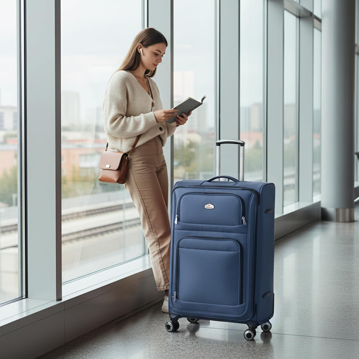 20'' Carry on Luggage,Softside Suitcase w/Combination LOCK,Expandable 15% Luggage w/Double Spinner Wheels,Lightweight Rolling Suitcases for Men/Women（Blue,20in）