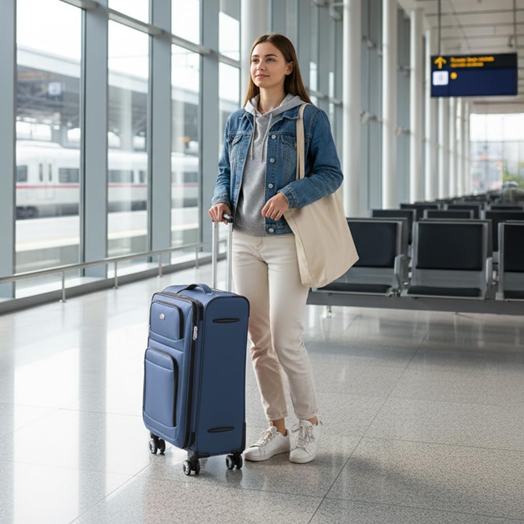20'' Carry on Luggage,Softside Suitcase w/Combination LOCK,Expandable 15% Luggage w/Double Spinner Wheels,Lightweight Rolling Suitcases for Men/Women（Blue,20in）