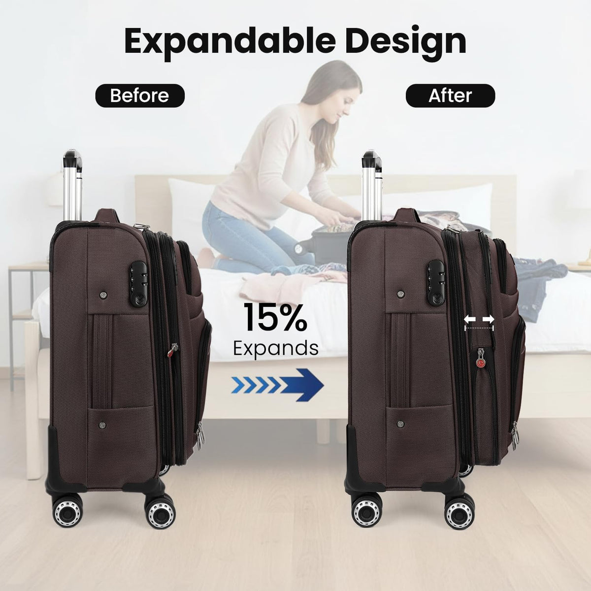 20'' Carry on Luggage,Softside Suitcase w/Combination LOCK,Expandable 15% Luggage w/Double Spinner Wheels,Lightweight Rolling Suitcases for Men/Women（Blue,20in）