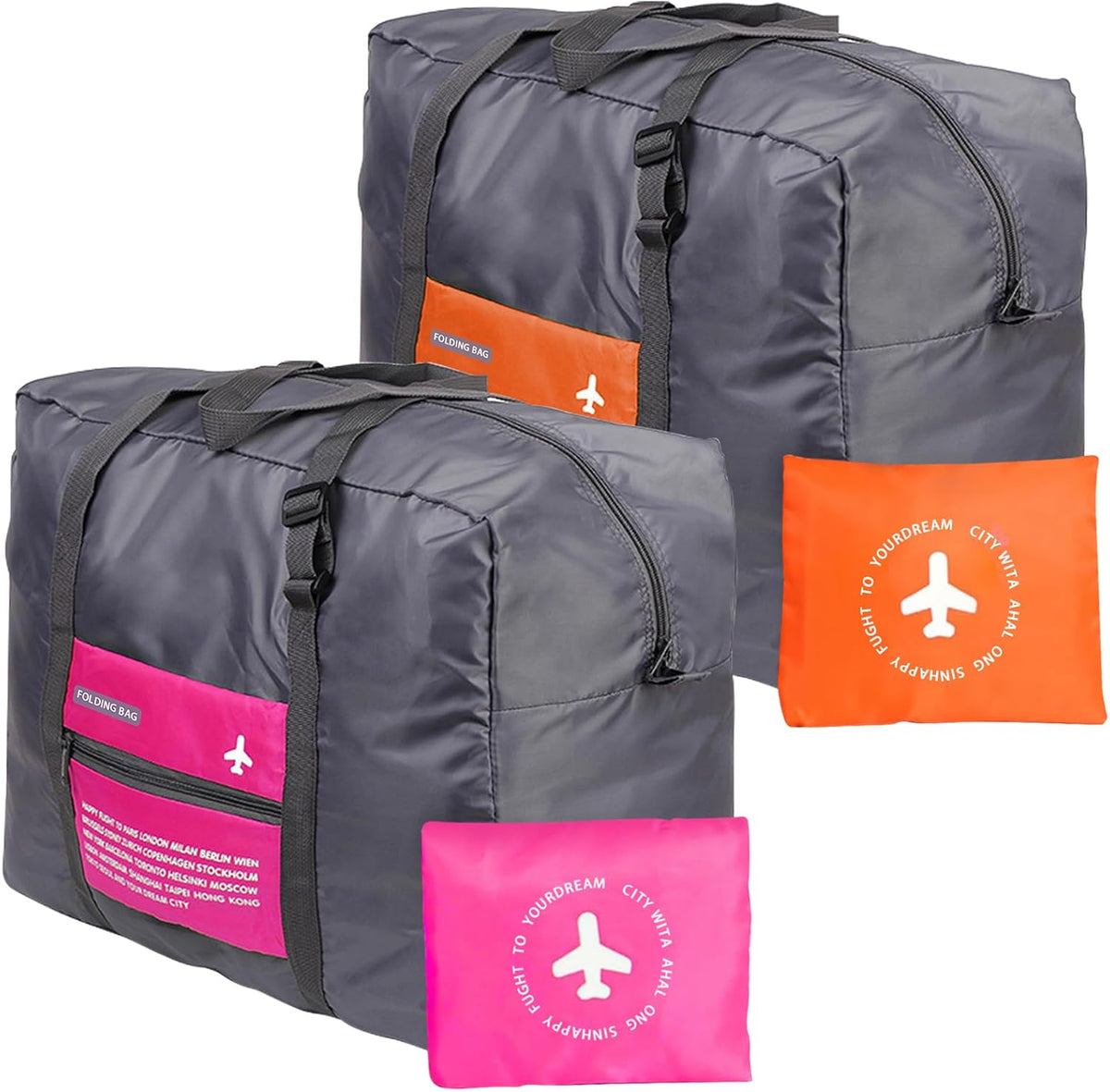 Foldable Travel Duffel Bag 2PCS Sports Gym Tote Water Resistant Carry on Luggage bag Weekender Overnight Bag (Pink+Orange)