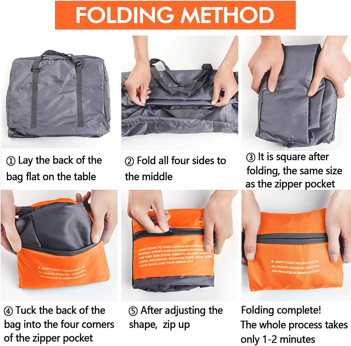 Foldable Travel Duffel Bag 2PCS Sports Gym Tote Water Resistant Carry on Luggage bag Weekender Overnight Bag (Pink+Orange)