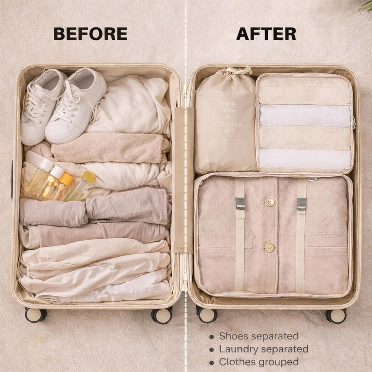 7 Set Packing Cubes For Travel | Luggage Organizer Bags With Shoe, Laundry Bag, Accessory Pouch And Lingerie Bag | Durable And Space Saving Suitcase Organizer For Travel Essentials | Black