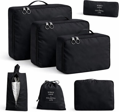 7 Set Packing Cubes For Travel | Luggage Organizer Bags With Shoe, Laundry Bag, Accessory Pouch And Lingerie Bag | Durable And Space Saving Suitcase Organizer For Travel Essentials | Black