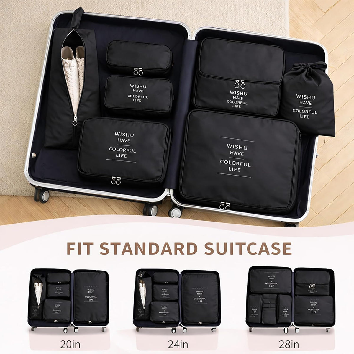 7 Set Packing Cubes For Travel | Luggage Organizer Bags With Shoe, Laundry Bag, Accessory Pouch And Lingerie Bag | Durable And Space Saving Suitcase Organizer For Travel Essentials | Black
