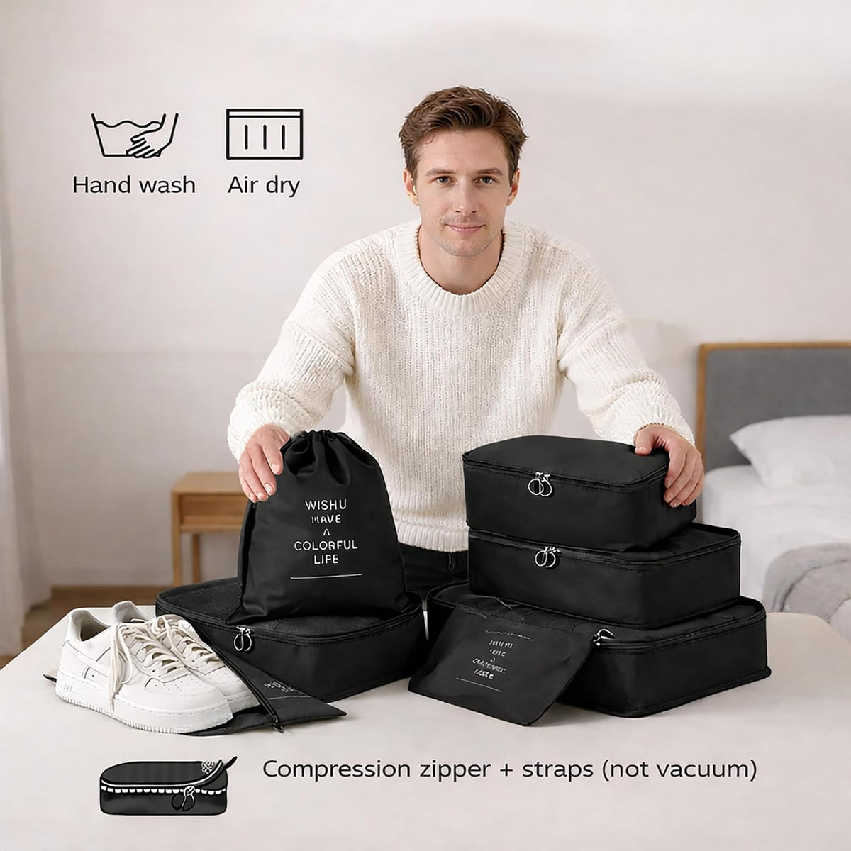 7 Set Packing Cubes For Travel | Luggage Organizer Bags With Shoe, Laundry Bag, Accessory Pouch And Lingerie Bag | Durable And Space Saving Suitcase Organizer For Travel Essentials | Black