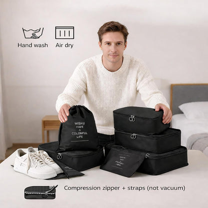 7 Set Packing Cubes For Travel | Luggage Organizer Bags With Shoe, Laundry Bag, Accessory Pouch And Lingerie Bag | Durable And Space Saving Suitcase Organizer For Travel Essentials | Black