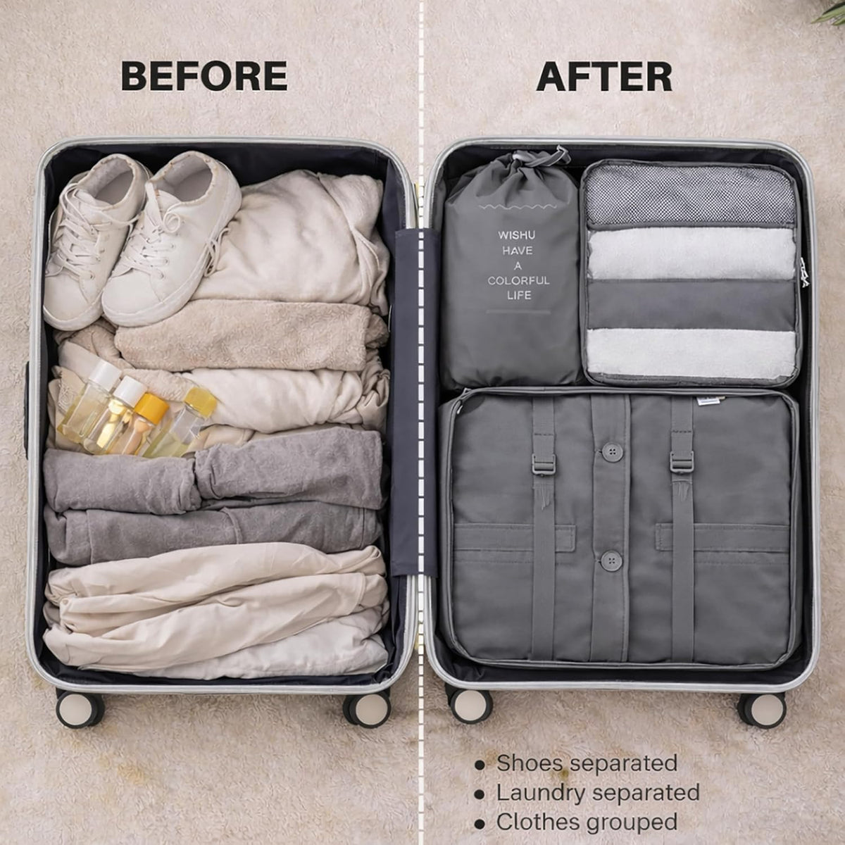 7 Set Packing Cubes For Travel | Luggage Organizer Bags With Shoe, Laundry Bag, Accessory Pouch And Lingerie Bag | Durable And Space Saving Suitcase Organizer For Travel Essentials | Black
