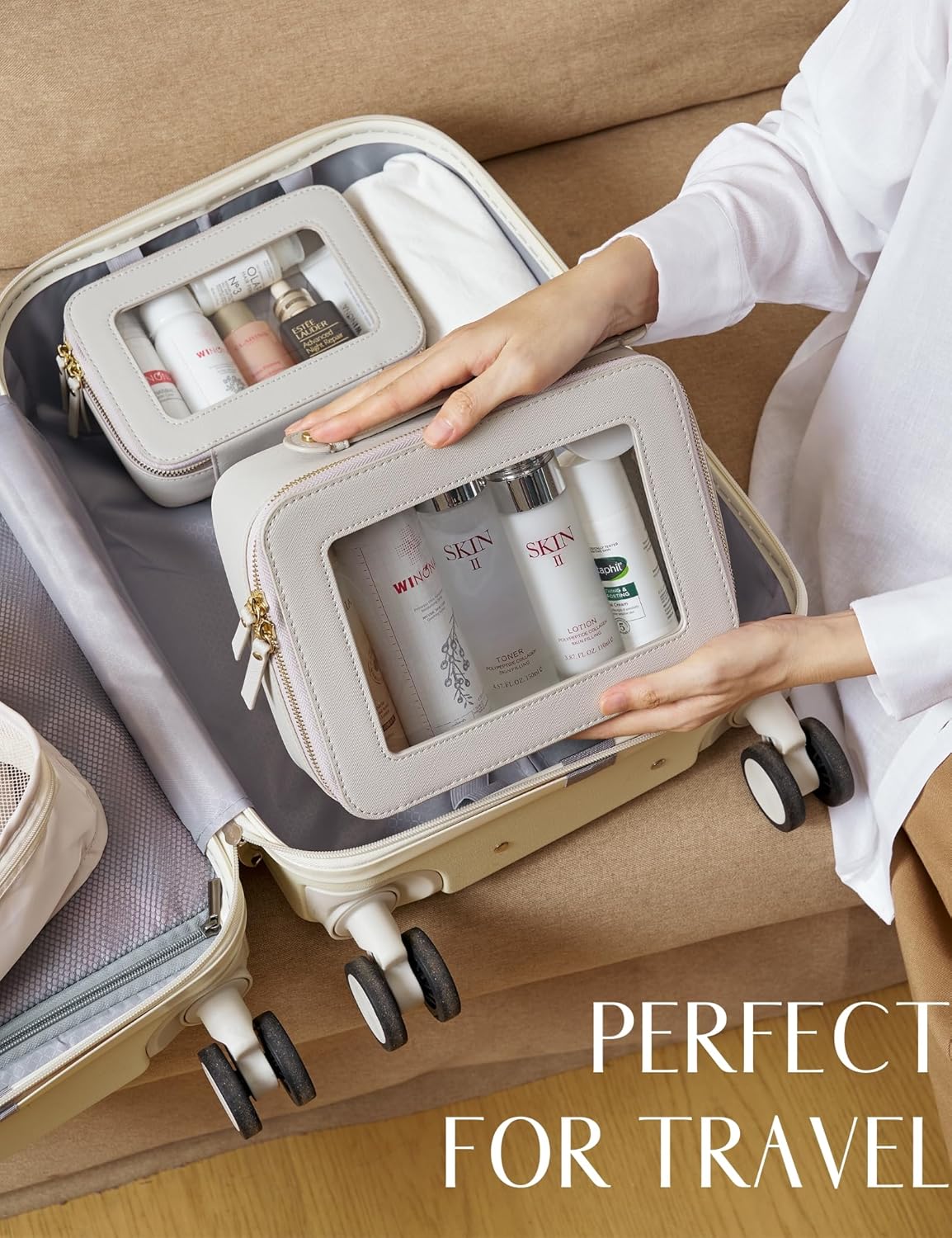 Clear Makeup Bag Travel Cosmetic Case Transparent Toiletry Bag with Zipper, Portable Make Up Organizer Traveling Compact Car Bag for Essentials, Sage Green, Medium