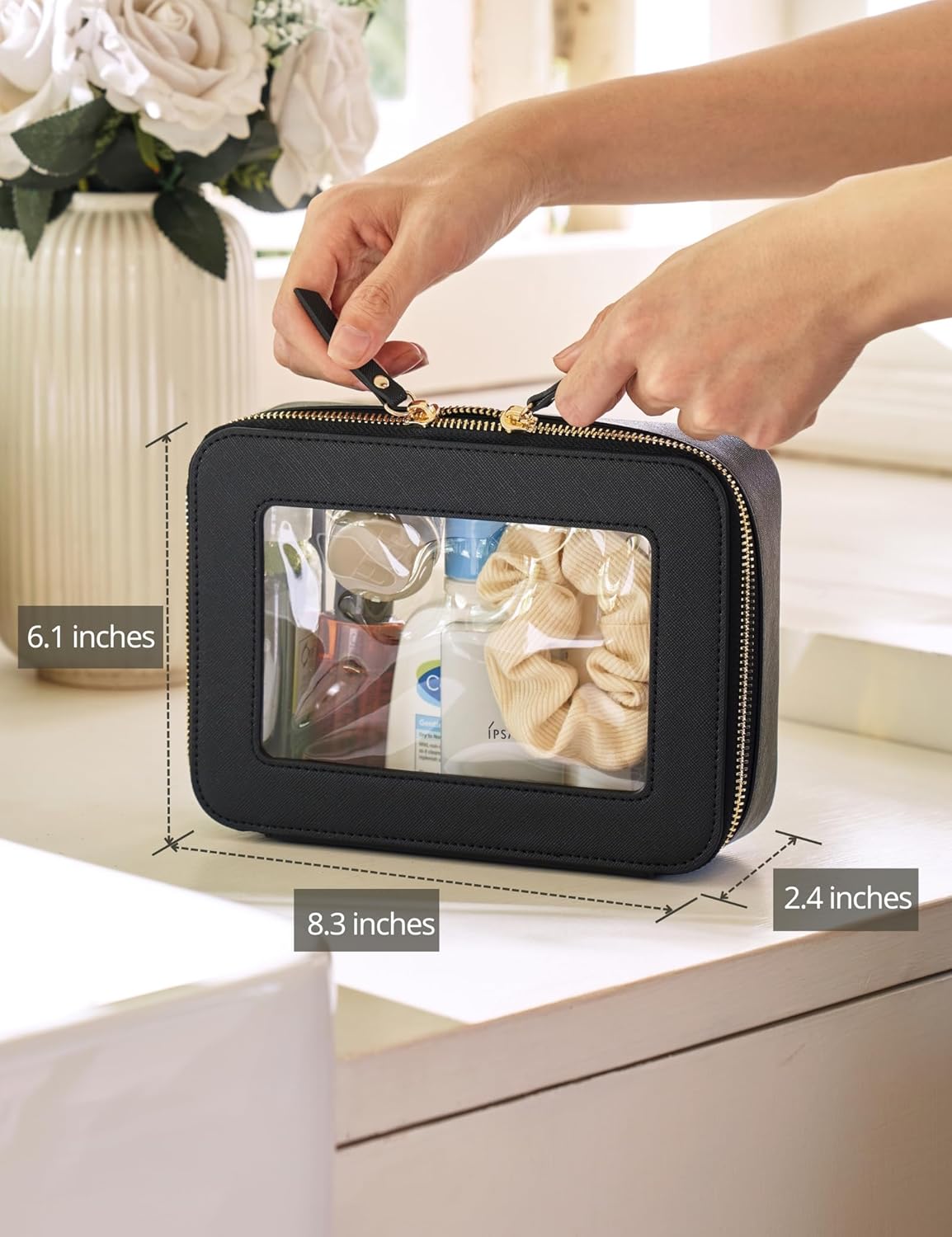 Clear Makeup Bag Travel Cosmetic Case Transparent Toiletry Bag with Zipper, Portable Make Up Organizer Traveling Compact Car Bag for Essentials, Sage Green, Medium