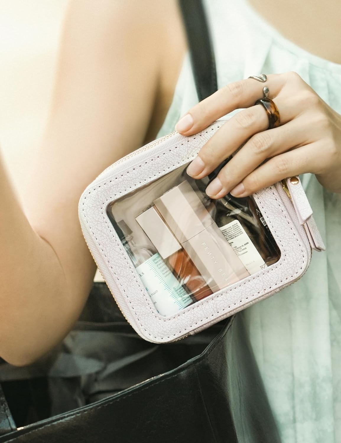 Clear Makeup Bag Travel Cosmetic Case Transparent Toiletry Bag with Zipper, Portable Make Up Organizer Traveling Compact Car Bag for Essentials, Sage Green, Medium