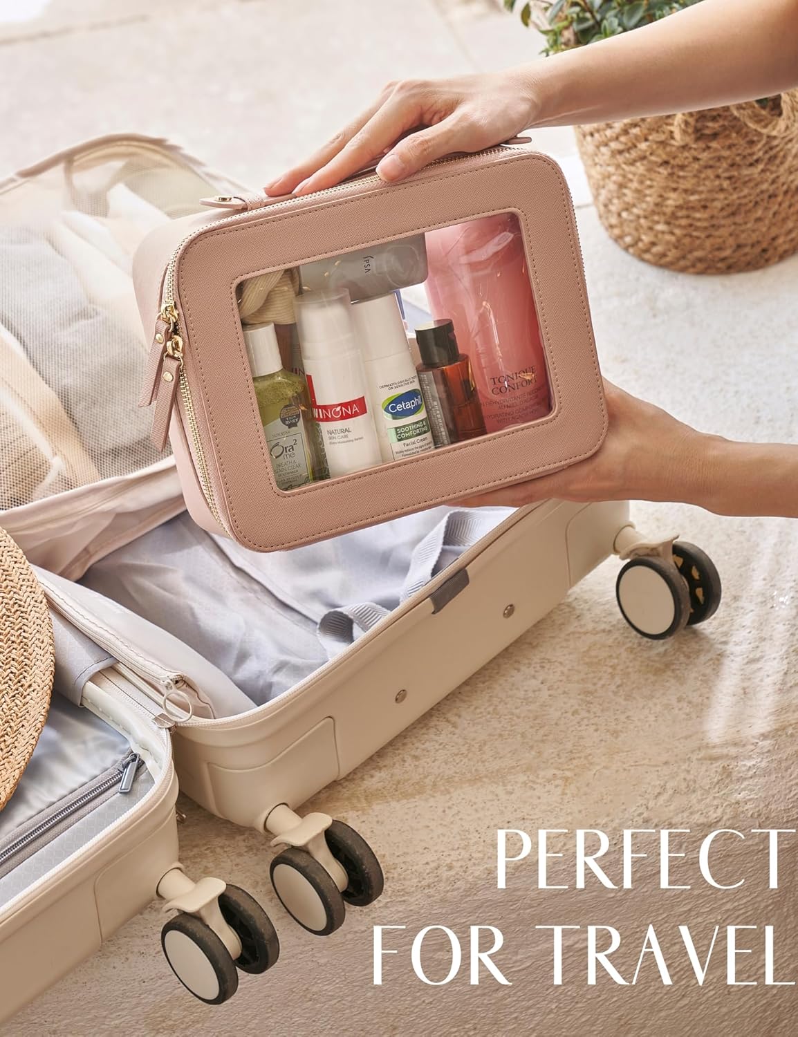 Clear Makeup Bag Travel Cosmetic Case Transparent Toiletry Bag with Zipper, Portable Make Up Organizer Traveling Compact Car Bag for Essentials, Sage Green, Medium
