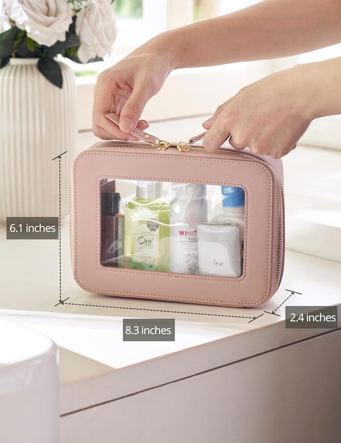 Clear Makeup Bag Travel Cosmetic Case Transparent Toiletry Bag with Zipper, Portable Make Up Organizer Traveling Compact Car Bag for Essentials, Sage Green, Medium