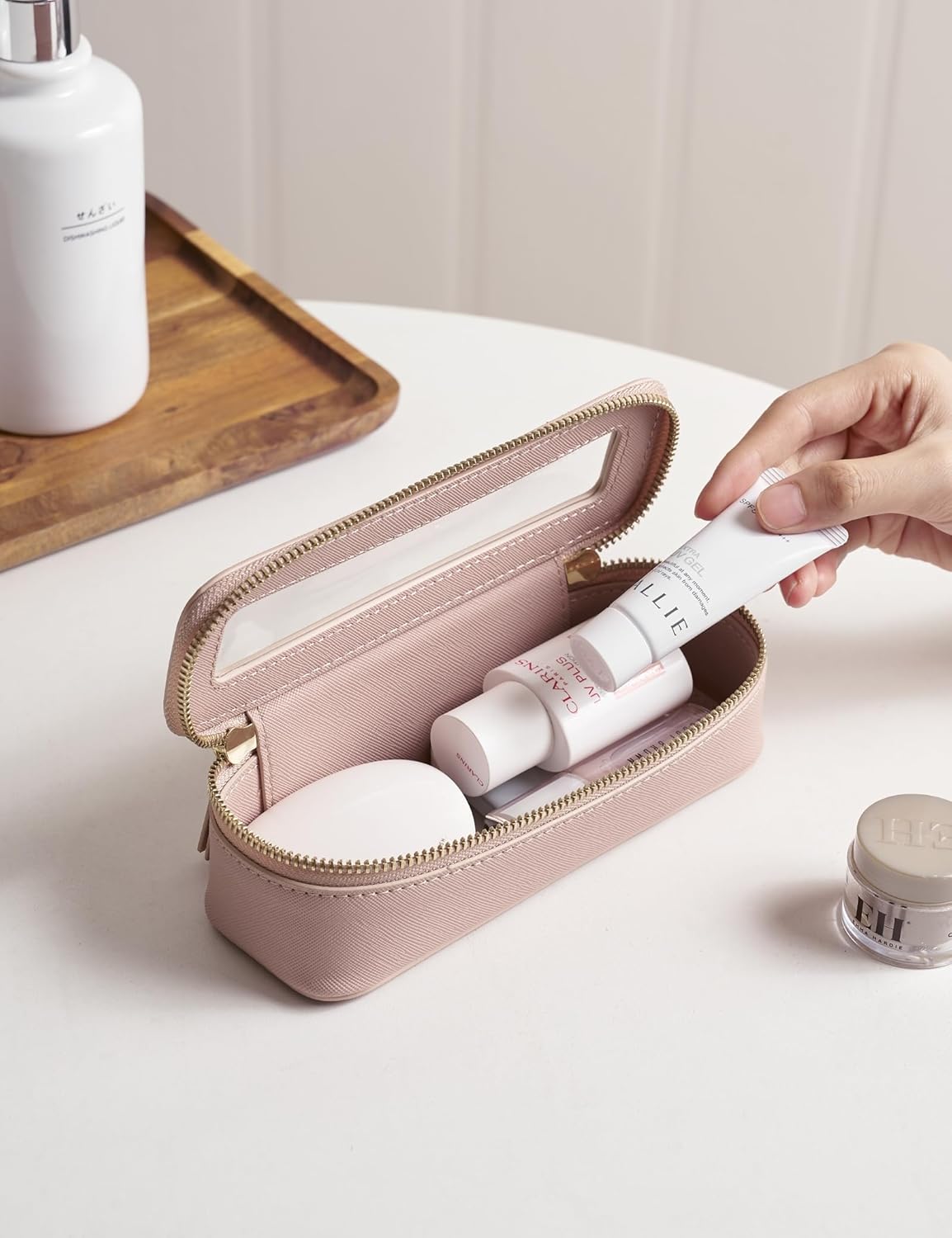 Clear Makeup Bag Travel Cosmetic Case Transparent Toiletry Bag with Zipper, Portable Make Up Organizer Traveling Compact Car Bag for Essentials, Sage Green, Medium