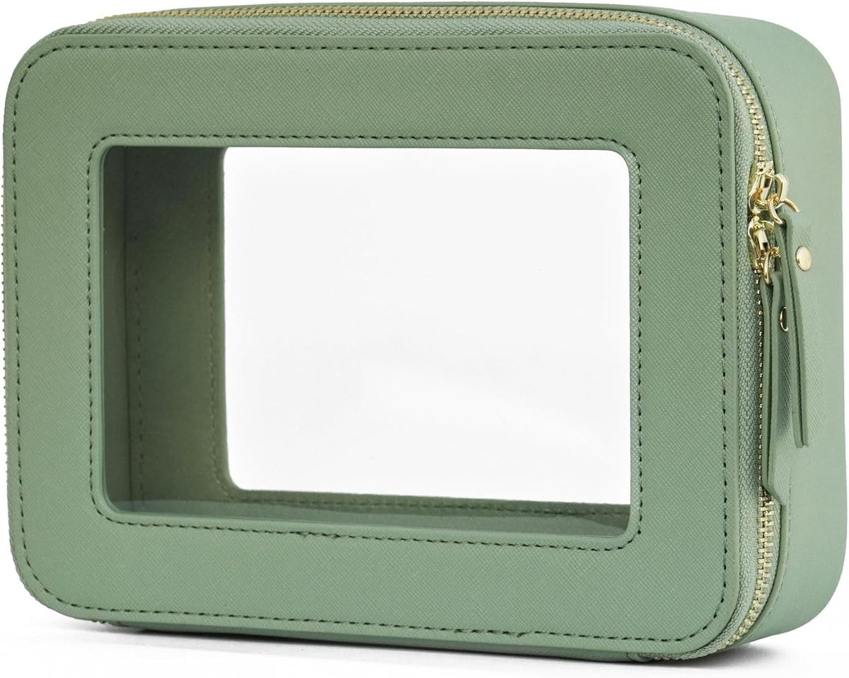 Clear Makeup Bag Travel Cosmetic Case Transparent Toiletry Bag with Zipper, Portable Make Up Organizer Traveling Compact Car Bag for Essentials, Sage Green, Medium