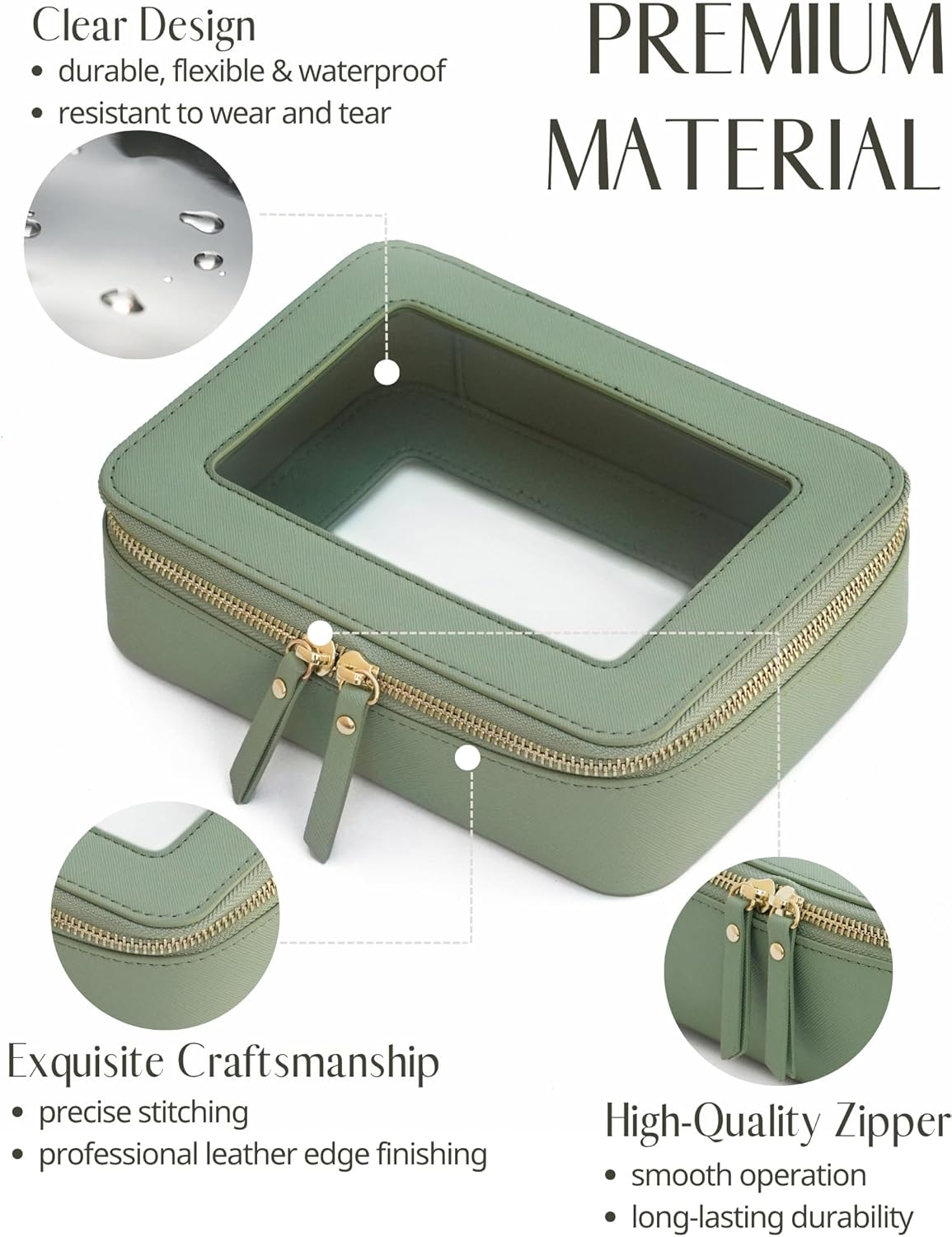 Clear Makeup Bag Travel Cosmetic Case Transparent Toiletry Bag with Zipper, Portable Make Up Organizer Traveling Compact Car Bag for Essentials, Sage Green, Medium