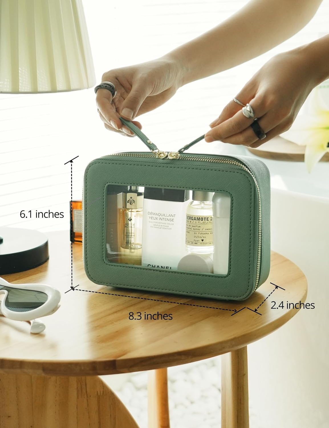 Clear Makeup Bag Travel Cosmetic Case Transparent Toiletry Bag with Zipper, Portable Make Up Organizer Traveling Compact Car Bag for Essentials, Sage Green, Medium