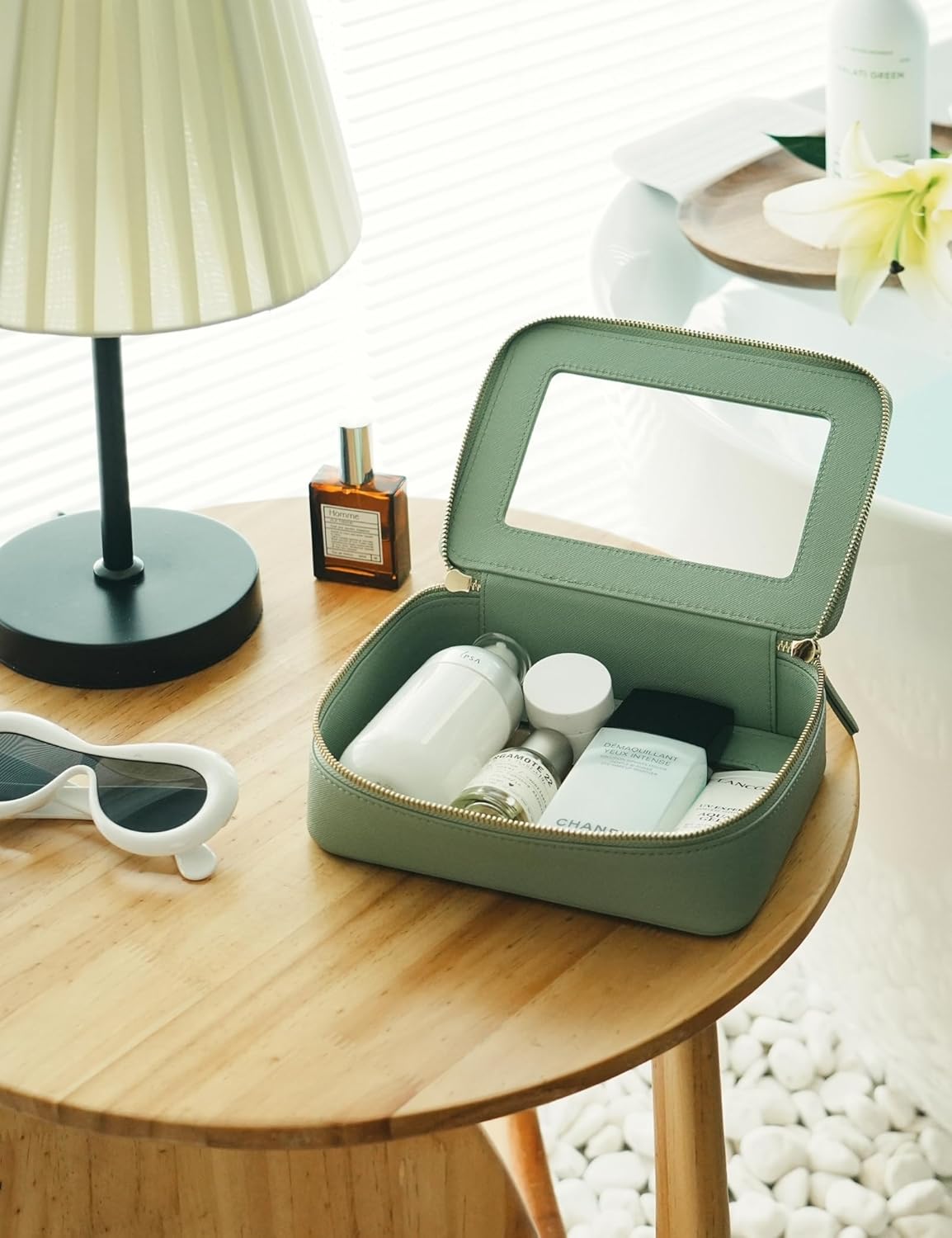 Clear Makeup Bag Travel Cosmetic Case Transparent Toiletry Bag with Zipper, Portable Make Up Organizer Traveling Compact Car Bag for Essentials, Sage Green, Medium