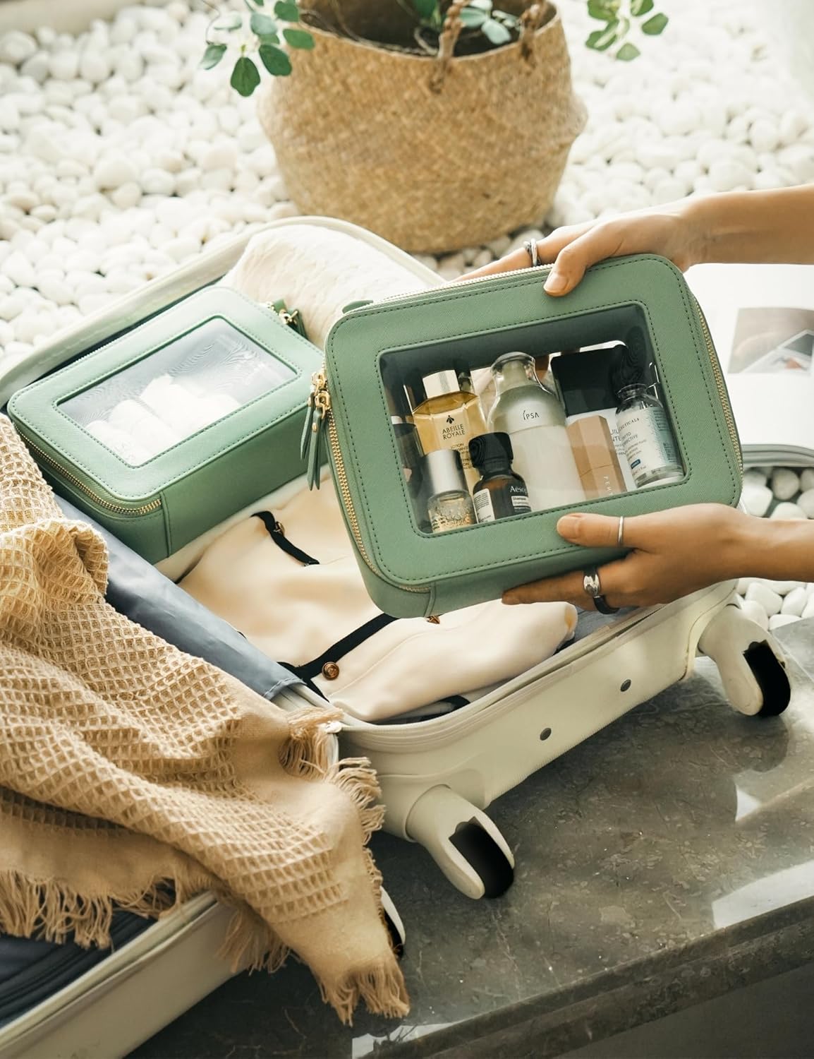 Clear Makeup Bag Travel Cosmetic Case Transparent Toiletry Bag with Zipper, Portable Make Up Organizer Traveling Compact Car Bag for Essentials, Sage Green, Medium