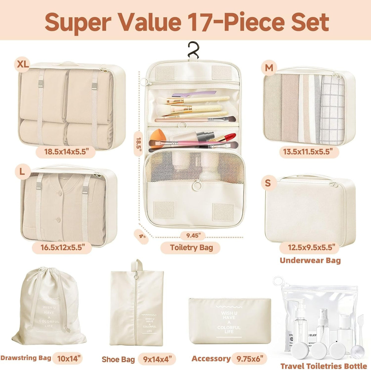 17 Set Packing Cubes for Travel, Luggage Organizer Bags with Travel Size Bottles, Lightweight Suitcase Organizer Bags Set, Travel Essentials and Accessories Packing Cubes for Women Men