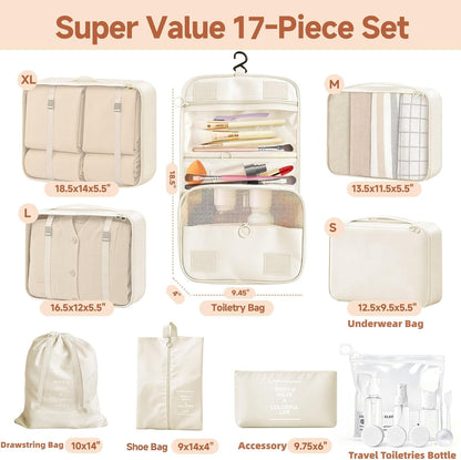 17 Set Packing Cubes for Travel, Luggage Organizer Bags with Travel Size Bottles, Lightweight Suitcase Organizer Bags Set, Travel Essentials and Accessories Packing Cubes for Women Men