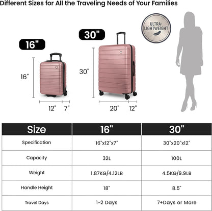 Luggage Sets 2 Piece（16in/30in）ABS Hard Shell Suitcase with Spinner Wheels and NO LOCK,Scratch-Resistant Surface,Lightweight Durable Rolling Suitcase for Men/Women（Rose Gold,16in/30in)