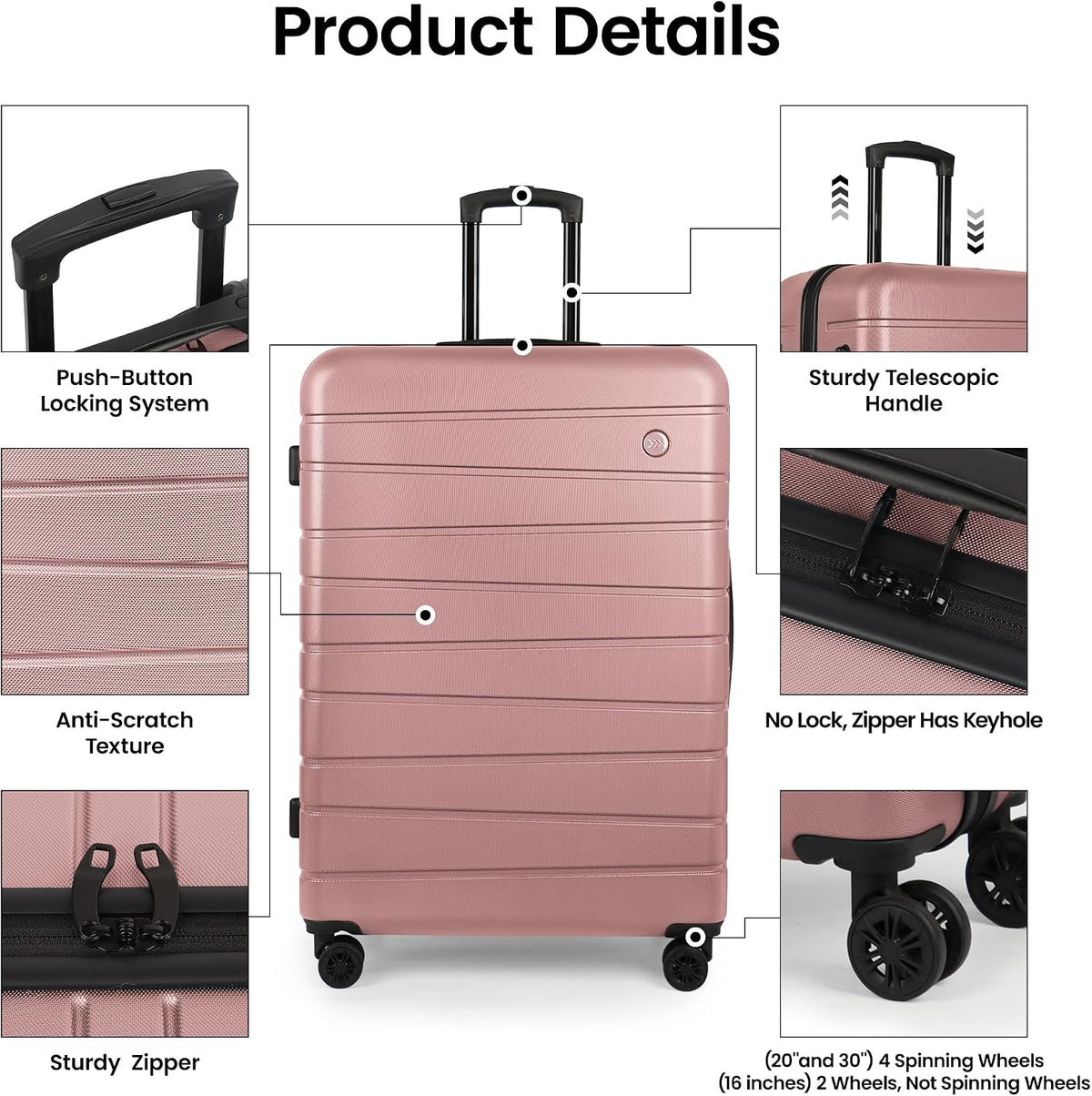 Luggage Sets 2 Piece（16in/30in）ABS Hard Shell Suitcase with Spinner Wheels and NO LOCK,Scratch-Resistant Surface,Lightweight Durable Rolling Suitcase for Men/Women（Rose Gold,16in/30in)