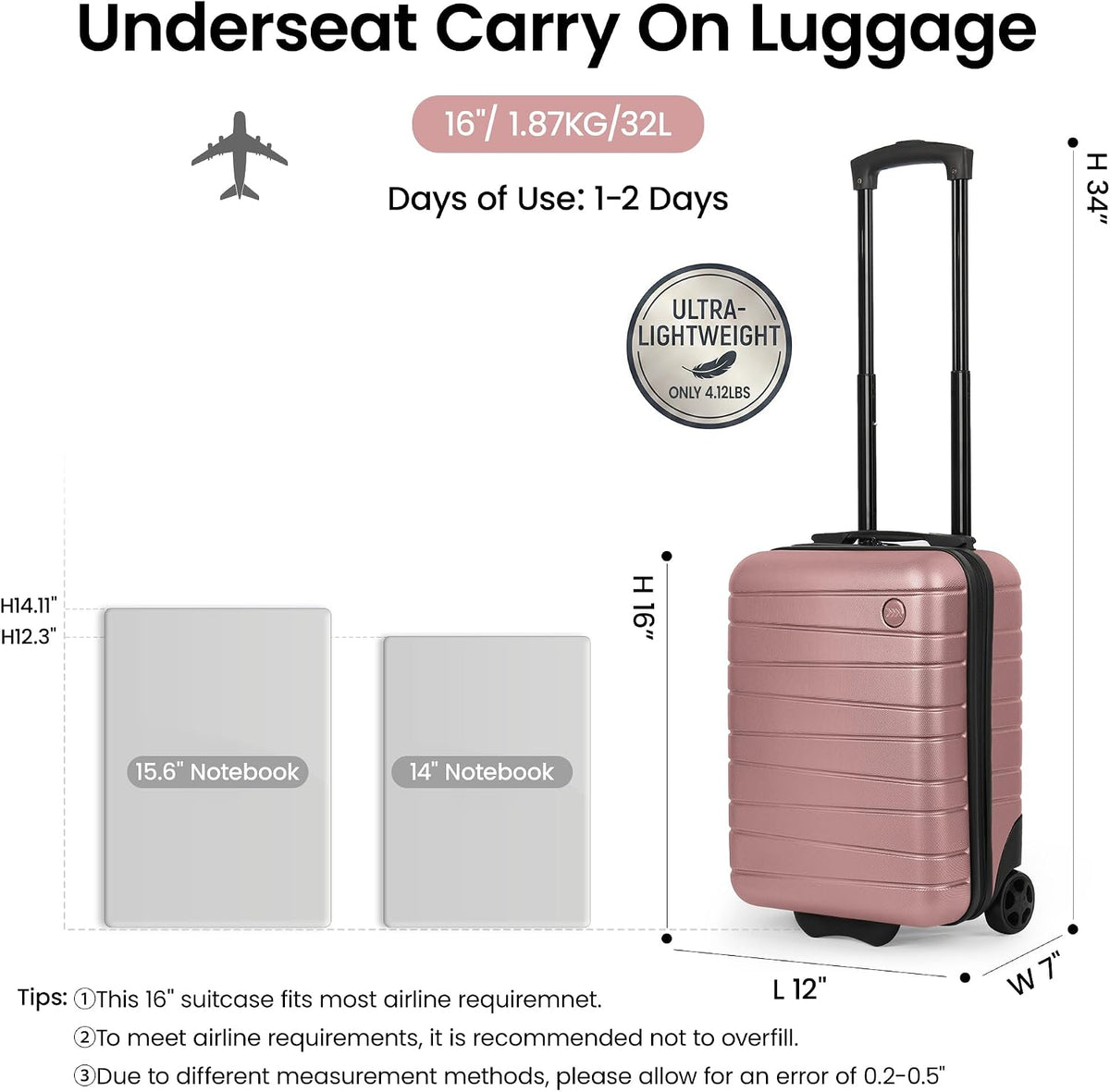 Luggage Sets 2 Piece（16in/30in）ABS Hard Shell Suitcase with Spinner Wheels and NO LOCK,Scratch-Resistant Surface,Lightweight Durable Rolling Suitcase for Men/Women（Rose Gold,16in/30in)