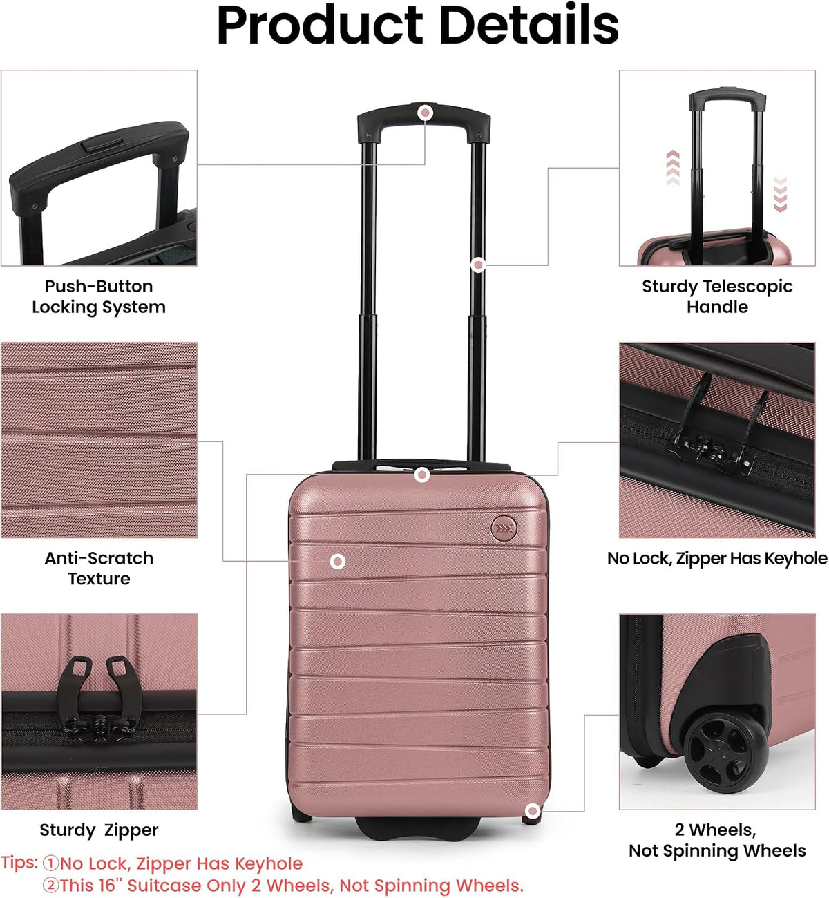 Luggage Sets 2 Piece（16in/30in）ABS Hard Shell Suitcase with Spinner Wheels and NO LOCK,Scratch-Resistant Surface,Lightweight Durable Rolling Suitcase for Men/Women（Rose Gold,16in/30in)