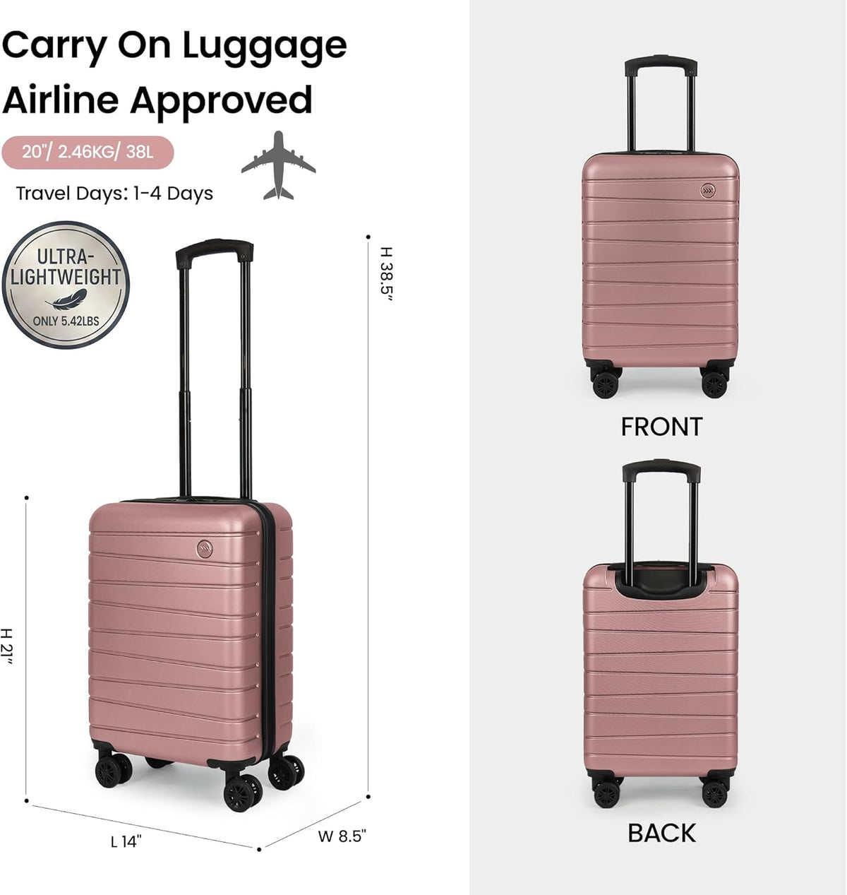 Luggage Sets 2 Piece（16in/30in）ABS Hard Shell Suitcase with Spinner Wheels and NO LOCK,Scratch-Resistant Surface,Lightweight Durable Rolling Suitcase for Men/Women（Rose Gold,16in/30in)