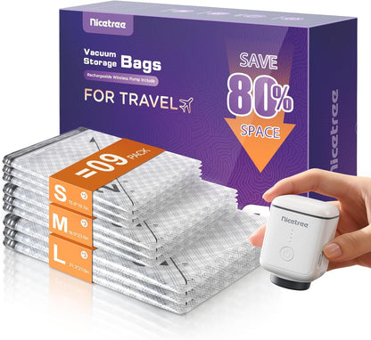 9-Pack Vacuum Bags for Travel with Rechargeable Pump, Compression Packing Bags for Carry-On Luggage & Suitcase, Vacuum Seal Bags for Clothing, 3 Sizes for Travel & Home Storage