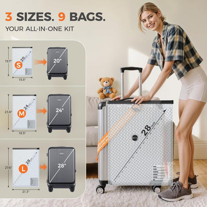 9-Pack Vacuum Bags for Travel with Rechargeable Pump, Compression Packing Bags for Carry-On Luggage & Suitcase, Vacuum Seal Bags for Clothing, 3 Sizes for Travel & Home Storage