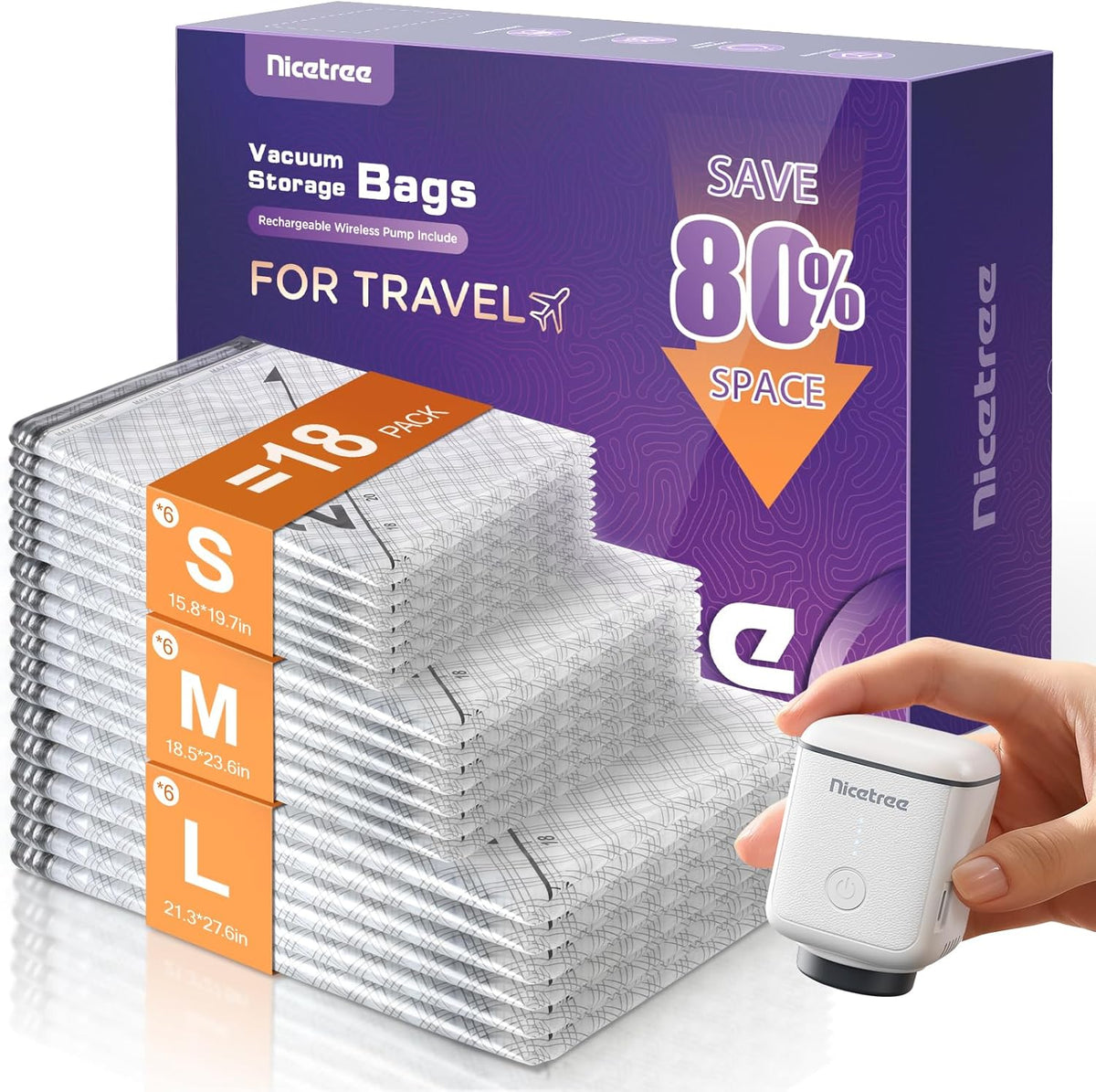 9-Pack Vacuum Bags for Travel with Rechargeable Pump, Compression Packing Bags for Carry-On Luggage & Suitcase, Vacuum Seal Bags for Clothing, 3 Sizes for Travel & Home Storage