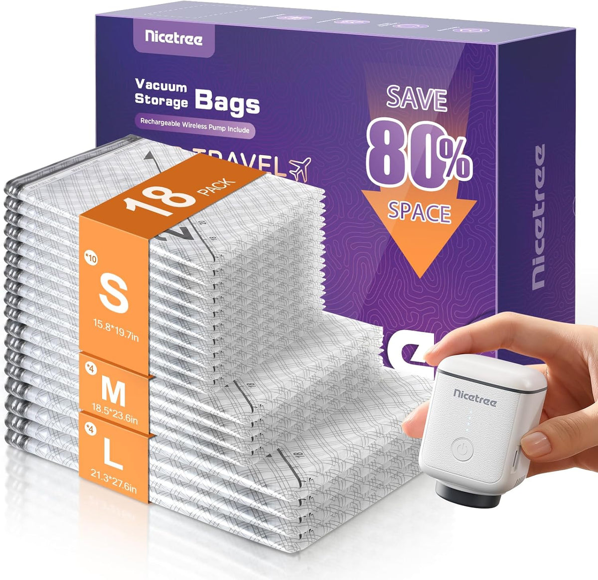 9-Pack Vacuum Bags for Travel with Rechargeable Pump, Compression Packing Bags for Carry-On Luggage & Suitcase, Vacuum Seal Bags for Clothing, 3 Sizes for Travel & Home Storage
