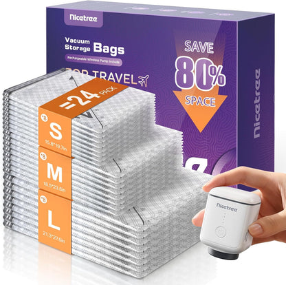 9-Pack Vacuum Bags for Travel with Rechargeable Pump, Compression Packing Bags for Carry-On Luggage & Suitcase, Vacuum Seal Bags for Clothing, 3 Sizes for Travel & Home Storage