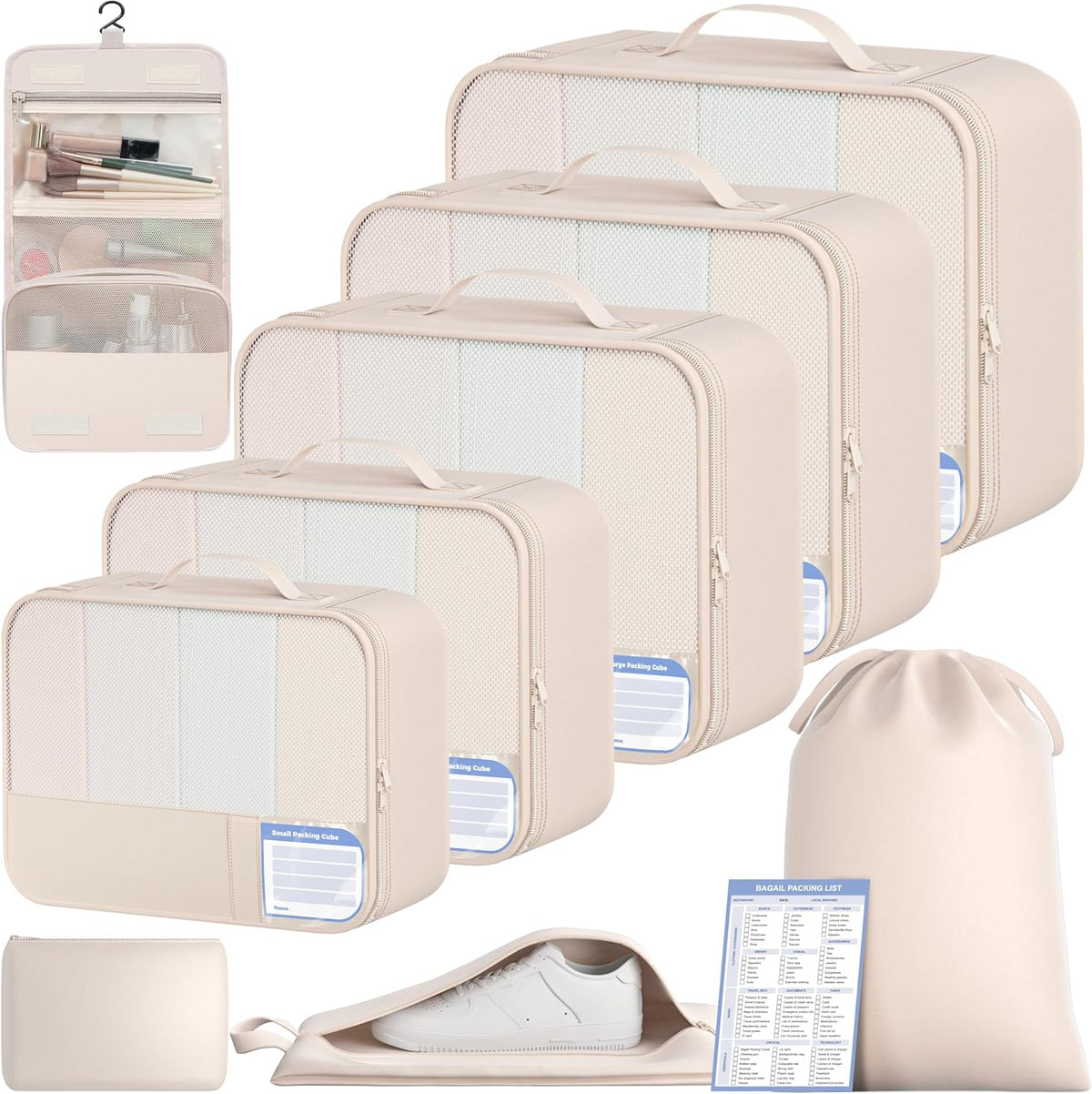 9 Set Packing Cubes with Packing List Luggage Packing Organizers for Travel Accessories (Cream)