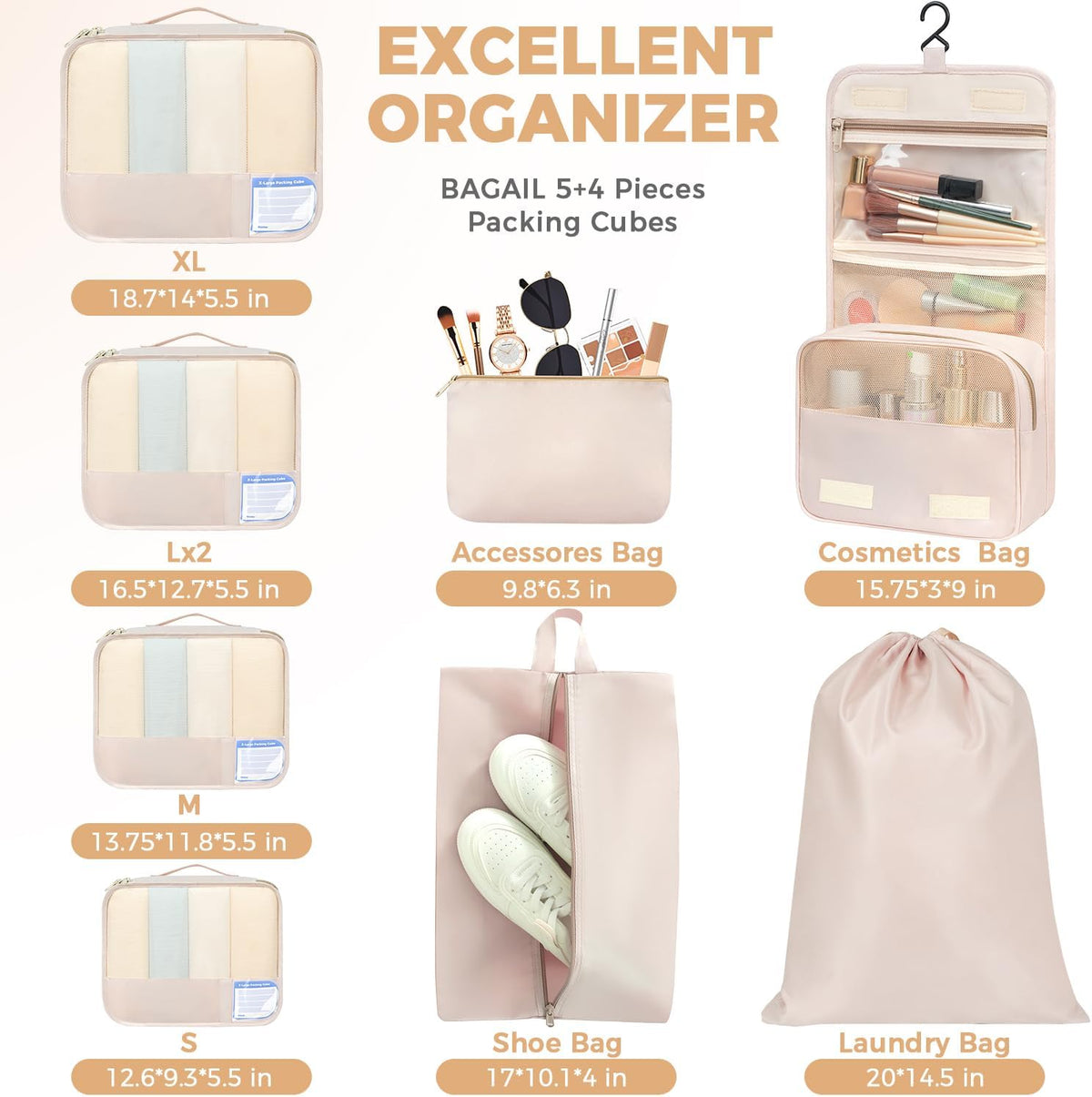 9 Set Packing Cubes with Packing List Luggage Packing Organizers for Travel Accessories (Cream)