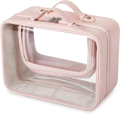 TSA Approved Toiletry Bag, Clear Makeup Bag, Travel Toiletry Bag for Women, Leather Travel Cosmetic Bag, Portable PVC Waterproof Bag, Large Makeup Organizer, Pink
