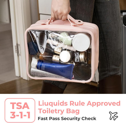 TSA Approved Toiletry Bag, Clear Makeup Bag, Travel Toiletry Bag for Women, Leather Travel Cosmetic Bag, Portable PVC Waterproof Bag, Large Makeup Organizer, Pink