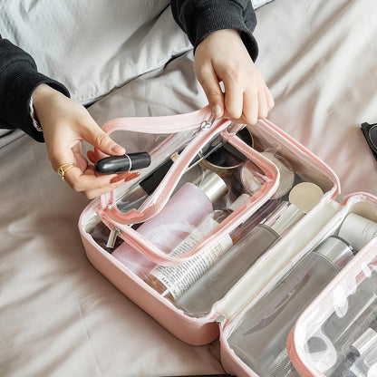 TSA Approved Toiletry Bag, Clear Makeup Bag, Travel Toiletry Bag for Women, Leather Travel Cosmetic Bag, Portable PVC Waterproof Bag, Large Makeup Organizer, Pink