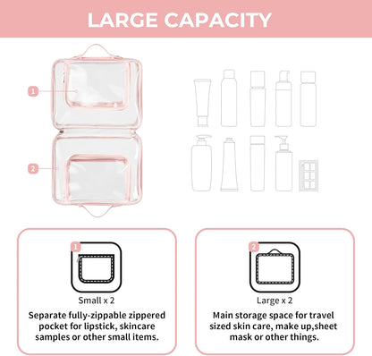 TSA Approved Toiletry Bag, Clear Makeup Bag, Travel Toiletry Bag for Women, Leather Travel Cosmetic Bag, Portable PVC Waterproof Bag, Large Makeup Organizer, Pink
