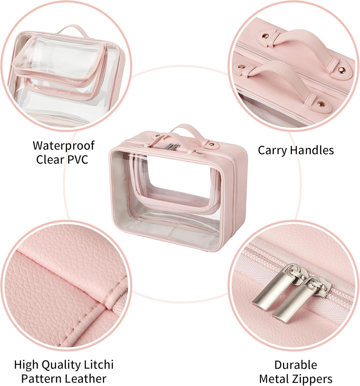 TSA Approved Toiletry Bag, Clear Makeup Bag, Travel Toiletry Bag for Women, Leather Travel Cosmetic Bag, Portable PVC Waterproof Bag, Large Makeup Organizer, Pink