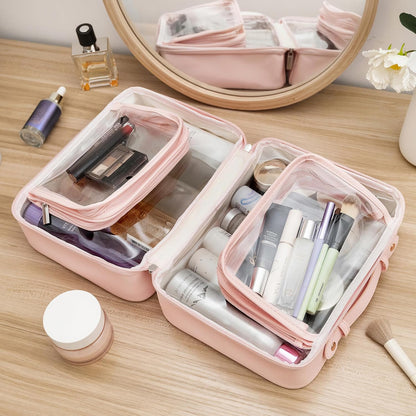 TSA Approved Toiletry Bag, Clear Makeup Bag, Travel Toiletry Bag for Women, Leather Travel Cosmetic Bag, Portable PVC Waterproof Bag, Large Makeup Organizer, Pink