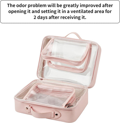 TSA Approved Toiletry Bag, Clear Makeup Bag, Travel Toiletry Bag for Women, Leather Travel Cosmetic Bag, Portable PVC Waterproof Bag, Large Makeup Organizer, Pink